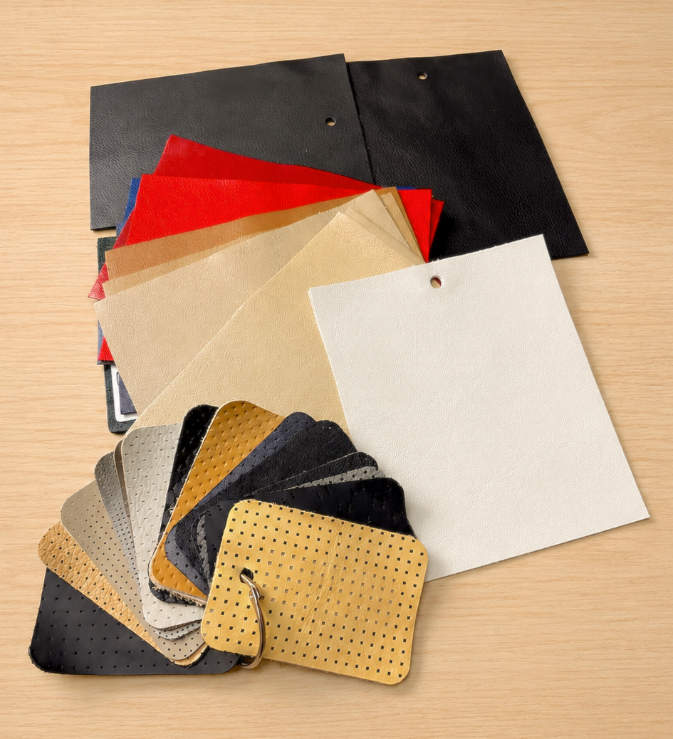 Curated leather sample collection on a light wood surface: black, red, navy, tan and ivory upholstery swatches with perforated and embossed automotive-grade samples on a key ring
