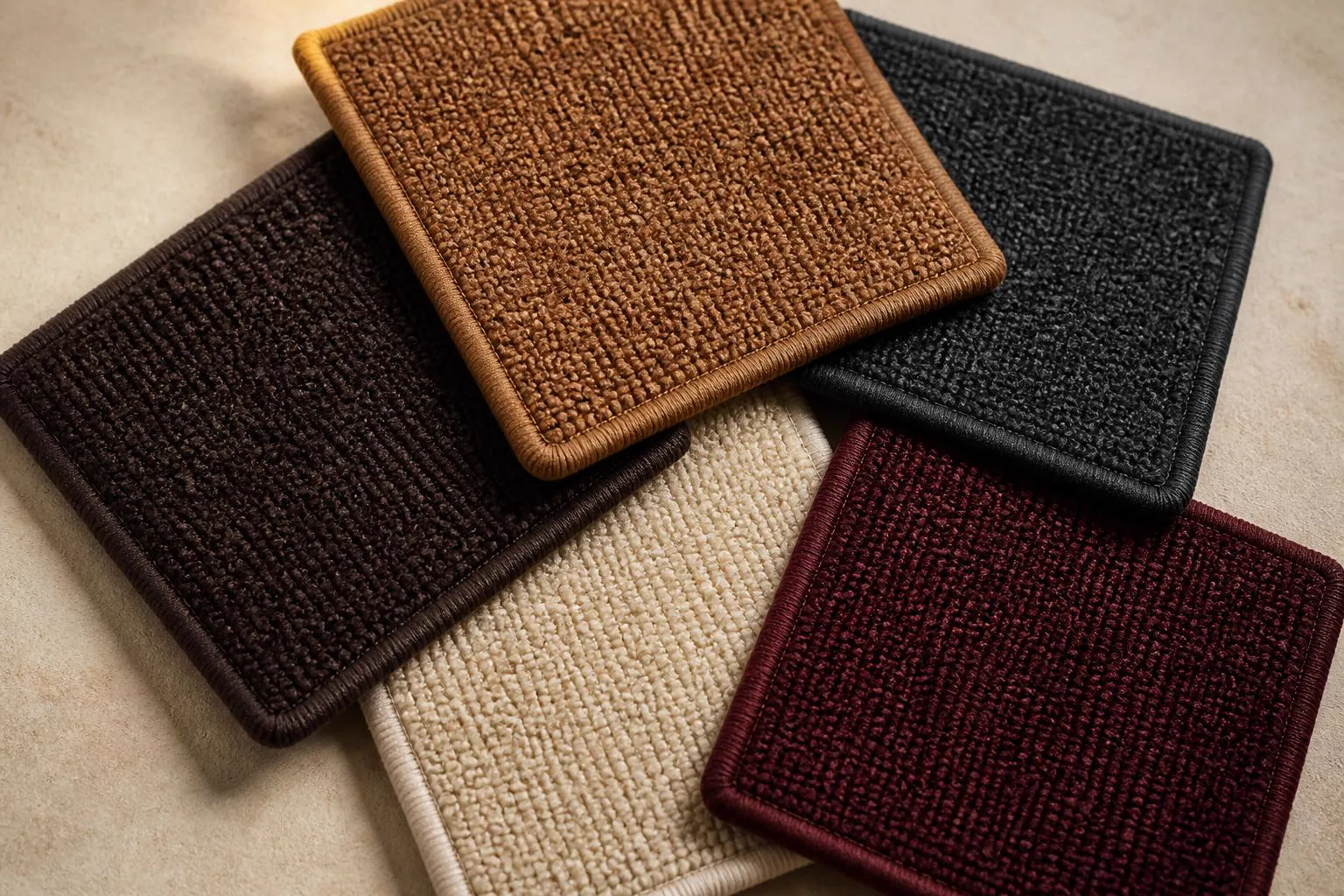 Automotive cabin wool carpet swatches in cognac, espresso, charcoal, ivory and oxblood with bound serged edges