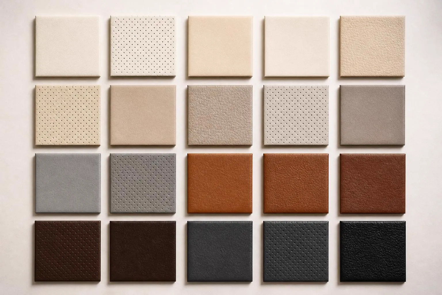 Overhead grid of luxury aviation leather swatches in cream, beige, sand, taupe, grey, cognac, brown, charcoal and black tones, in smooth and perforated finishes