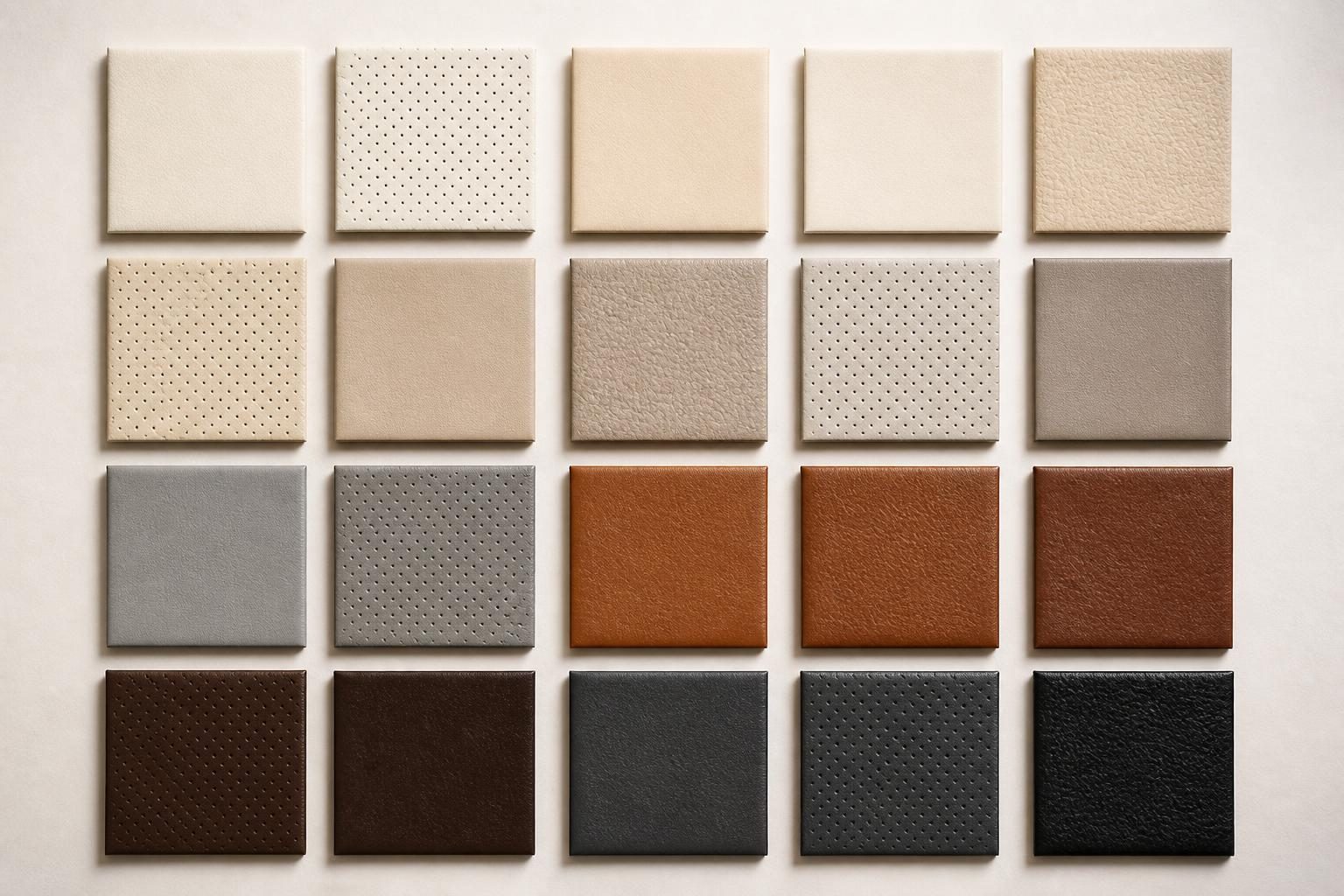 Overhead grid of luxury aviation leather swatches in cream, beige, sand, taupe, grey, cognac, brown, charcoal and black tones, in smooth and perforated finishes