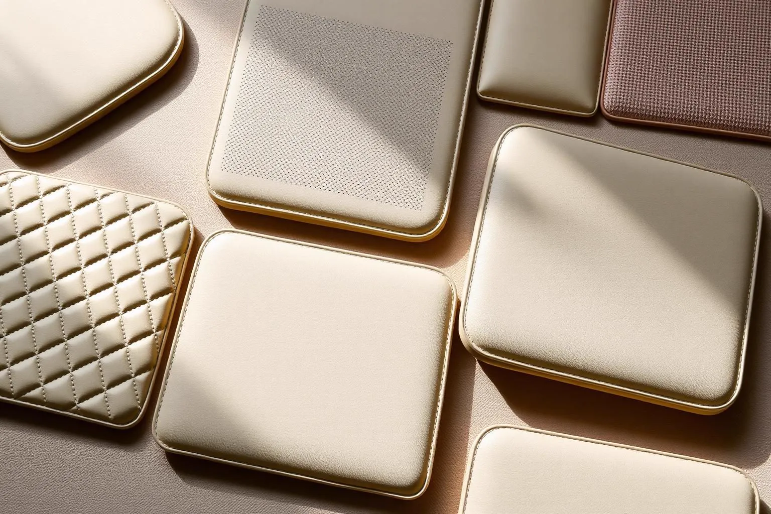 Pre-made quilted and perforated aviation leather panels in cream and beige tones