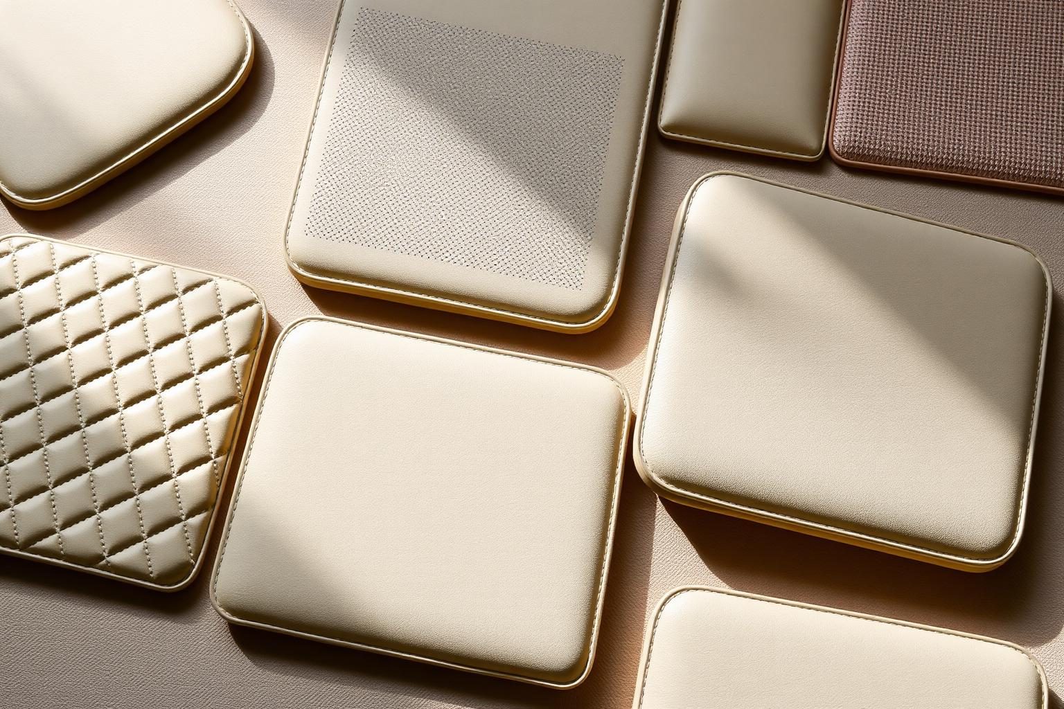 Pre-made quilted and perforated aviation leather panels in cream and beige tones
