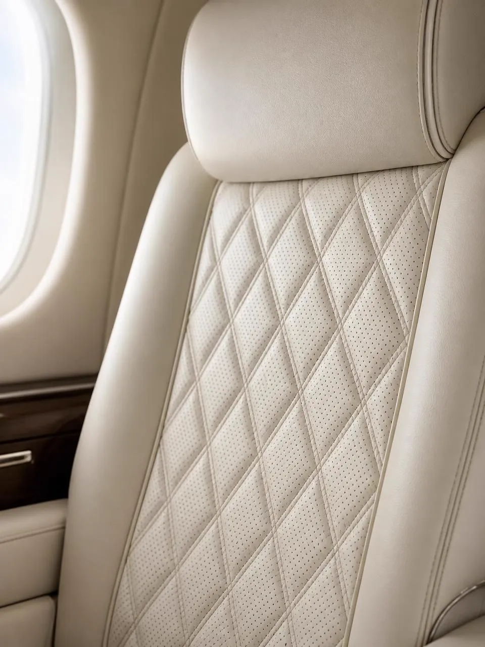 Close-up of cream quilted leather seat with diamond stitching and fine perforations