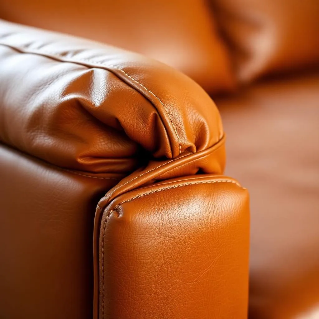 Close-up detail of a cognac full-grain leather sectional with hand stitching