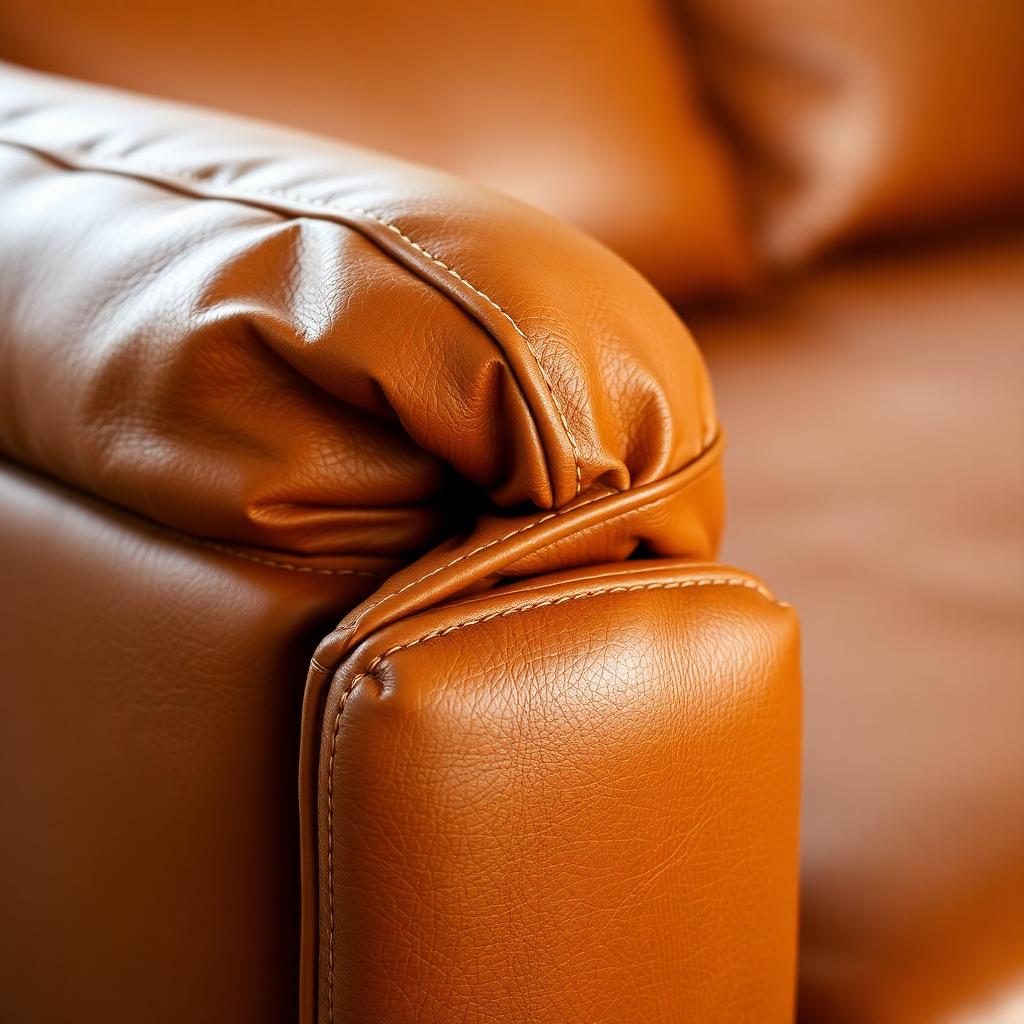 Close-up detail of a cognac full-grain leather sectional with hand stitching