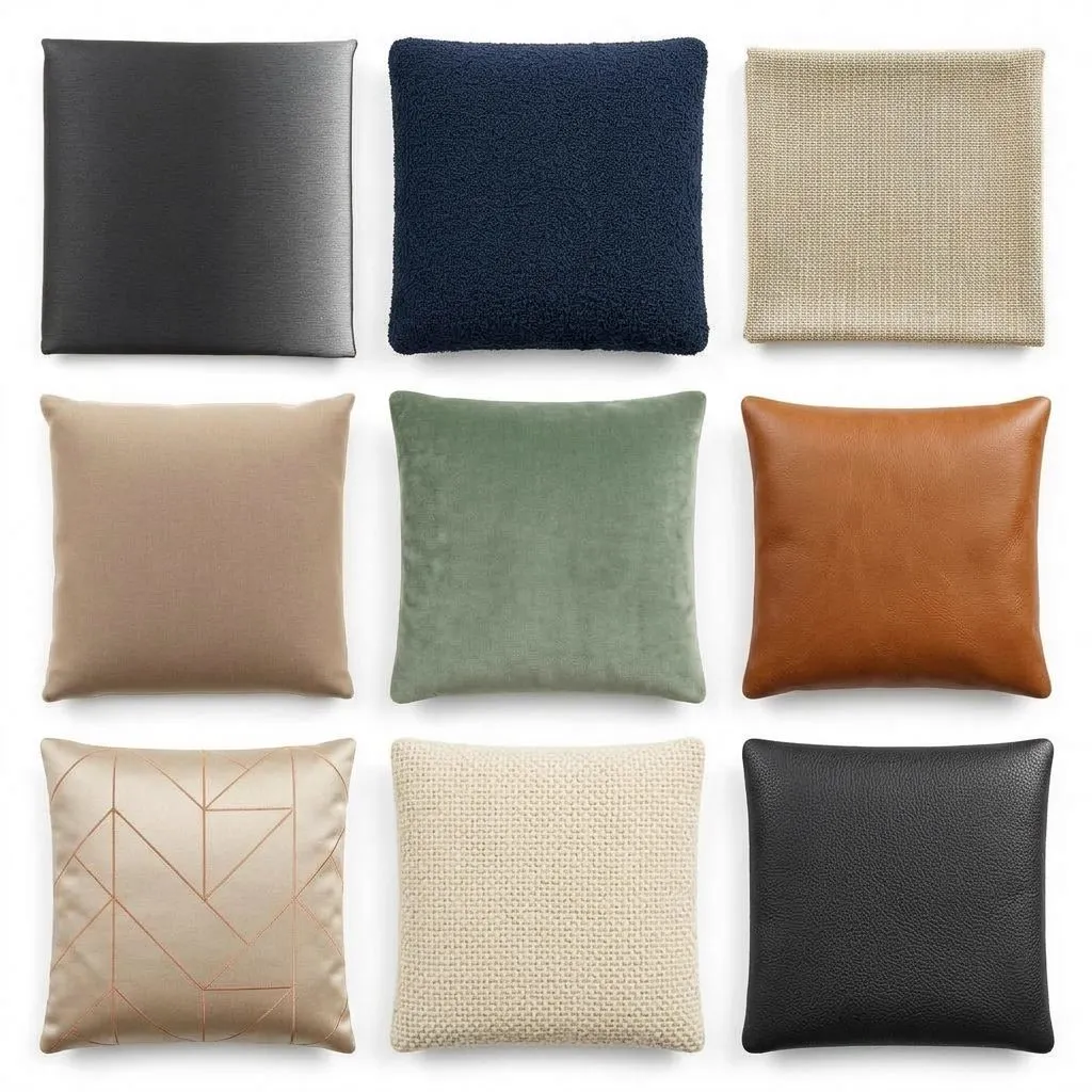 Upholstery and panel swatches: charcoal weave, taupe linen, beige cotton and cognac full-grain leather