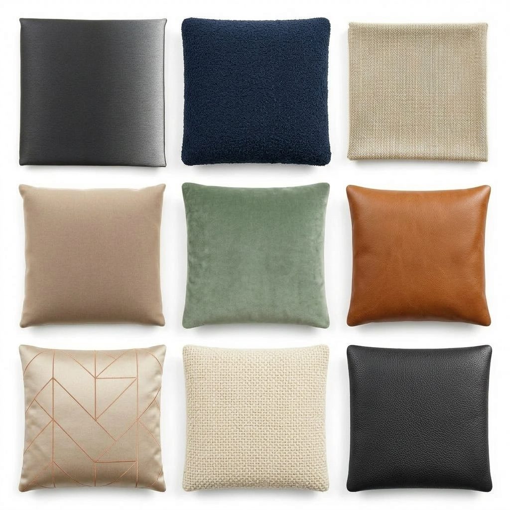Upholstery and panel swatches: charcoal weave, taupe linen, beige cotton and cognac full-grain leather