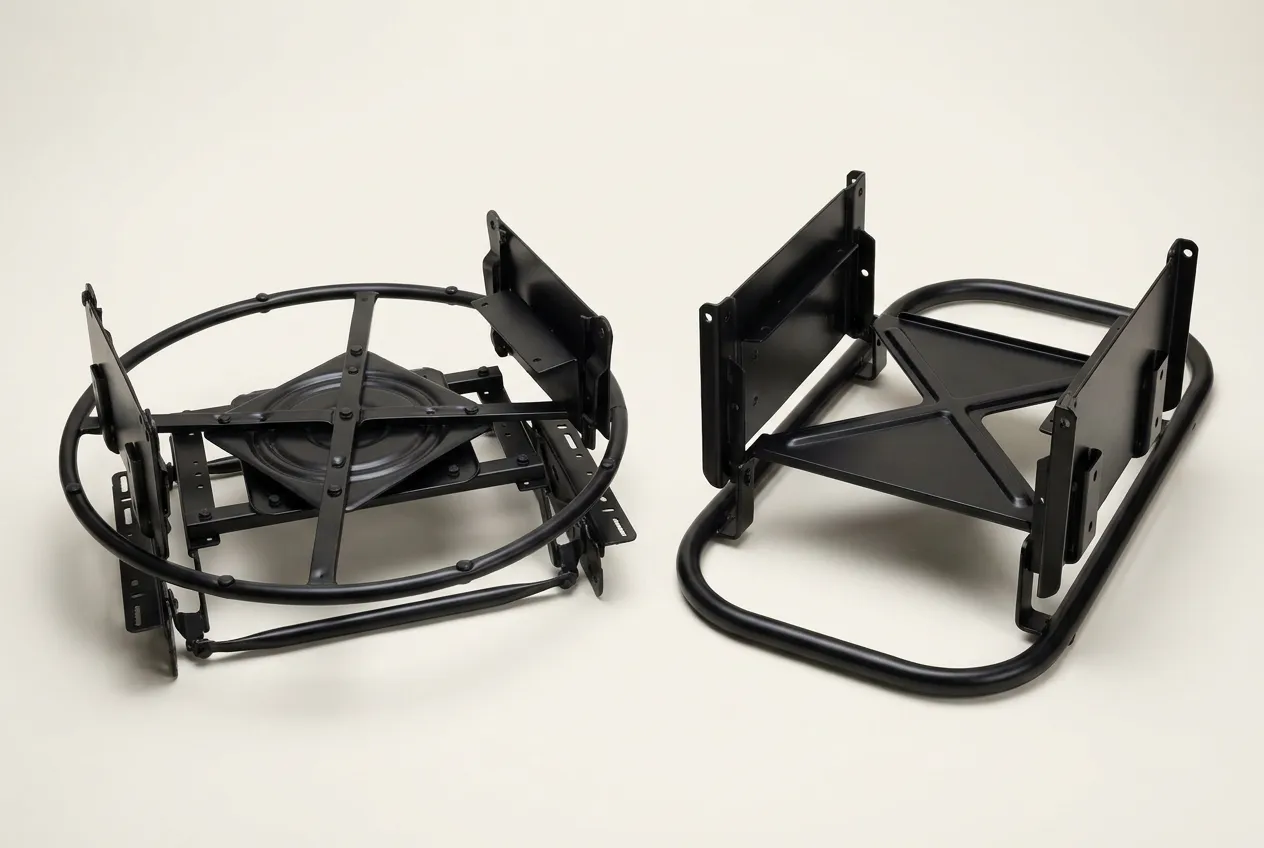Two black powder-coated furniture glider base mechanisms — a round 360-degree swivel-glider ring and a rectangular sled base with adjustable mounting brackets