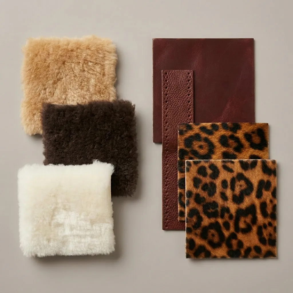 Leather and shearling material swatches: caramel, espresso and ivory sheepskin squares alongside oxblood smooth leather, mahogany full-grain straps and leopard-print hair-on-hide samples