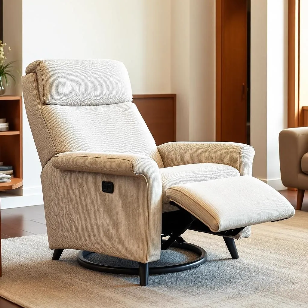 Ivory woven power recliner chair with an extended footrest in a warm residential setting