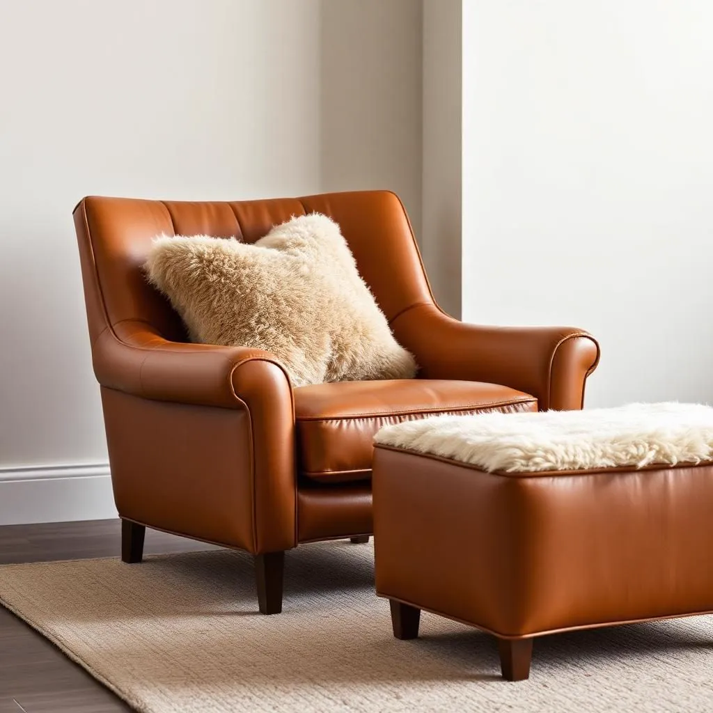 Caramel leather lounge chair with a shearling pillow and matching ottoman