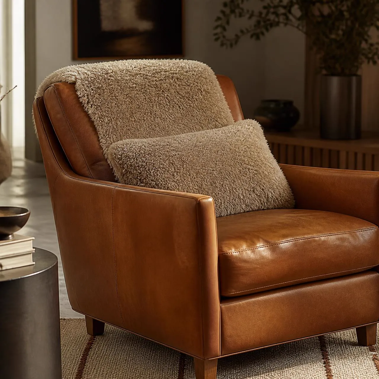 Caramel leather lounge chair styled with a sand-colored shearling chair cap and matching shearling lumbar pillow