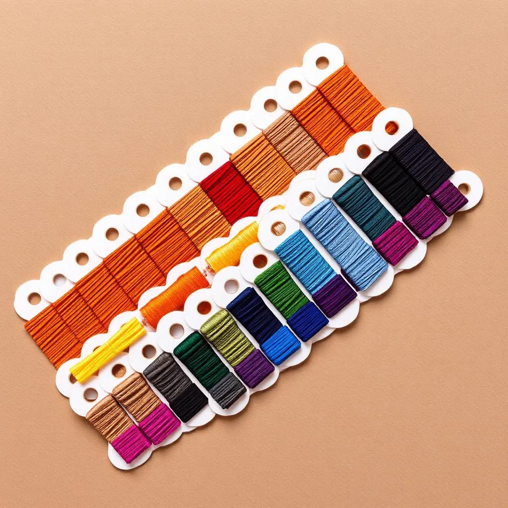 Contrast stitching thread sample card across a wide range of automotive upholstery colors