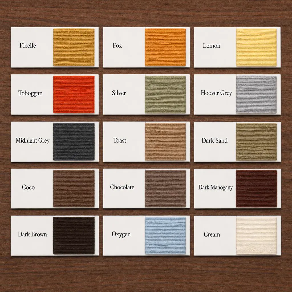 Named stitching thread color cards including Ficelle, Fox, Lemon, Toboggan, Silver, Hoover Grey, Midnight Grey, Toast, Dark Sand, Coco, Chocolate, Dark Mahogany and Dark Brown