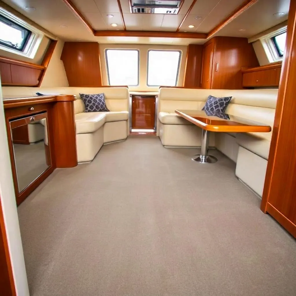 Yacht cabin interior with navy marine carpet installed wall-to-wall, cream leather seating and teak cabinetry