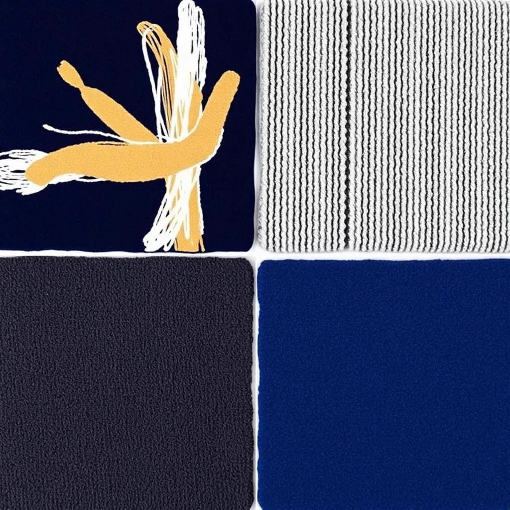 Swatch grid of four marine carpet samples in navy, heather gray, charcoal and ocean blue