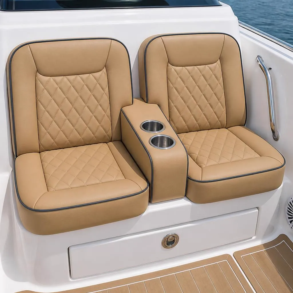 Diamond-quilted tan marine upholstery with contrast piping and stainless cup holders
