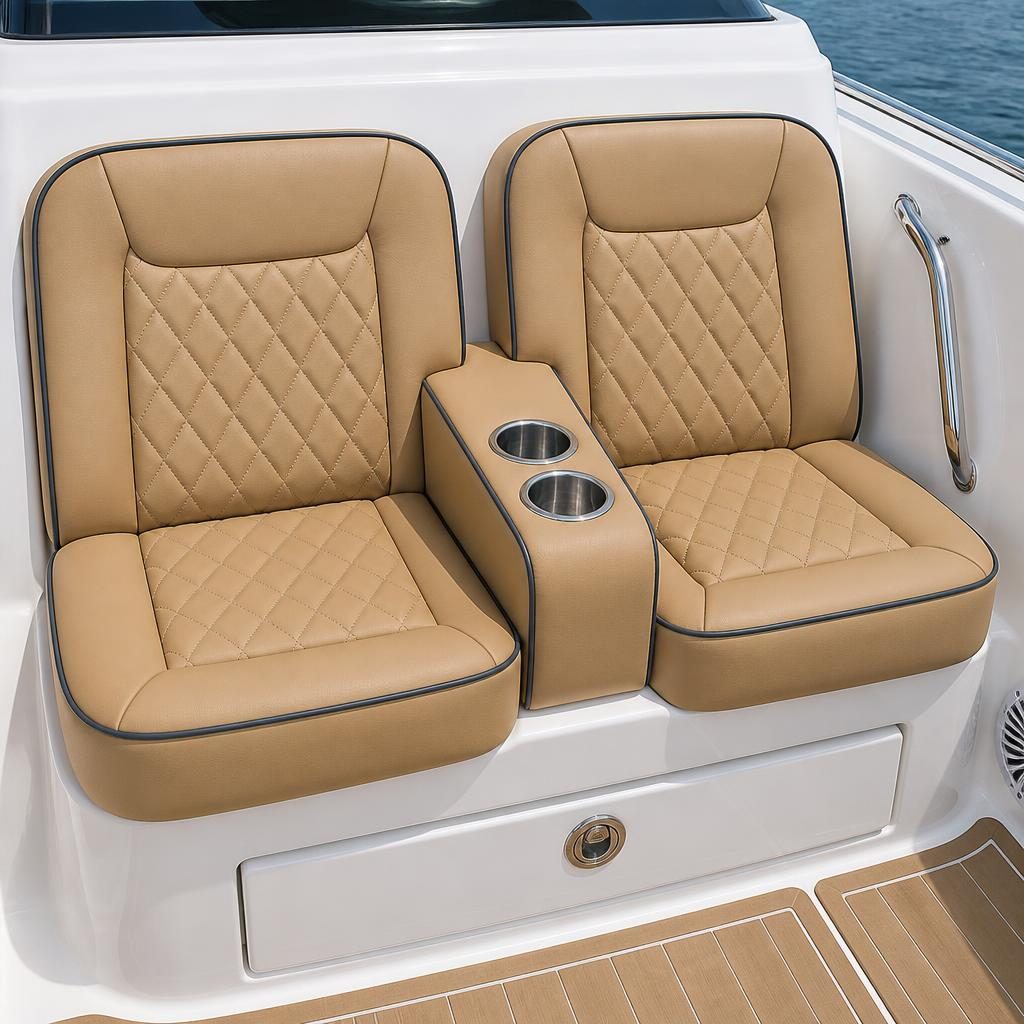 Diamond-quilted tan marine upholstery with contrast piping and stainless cup holders