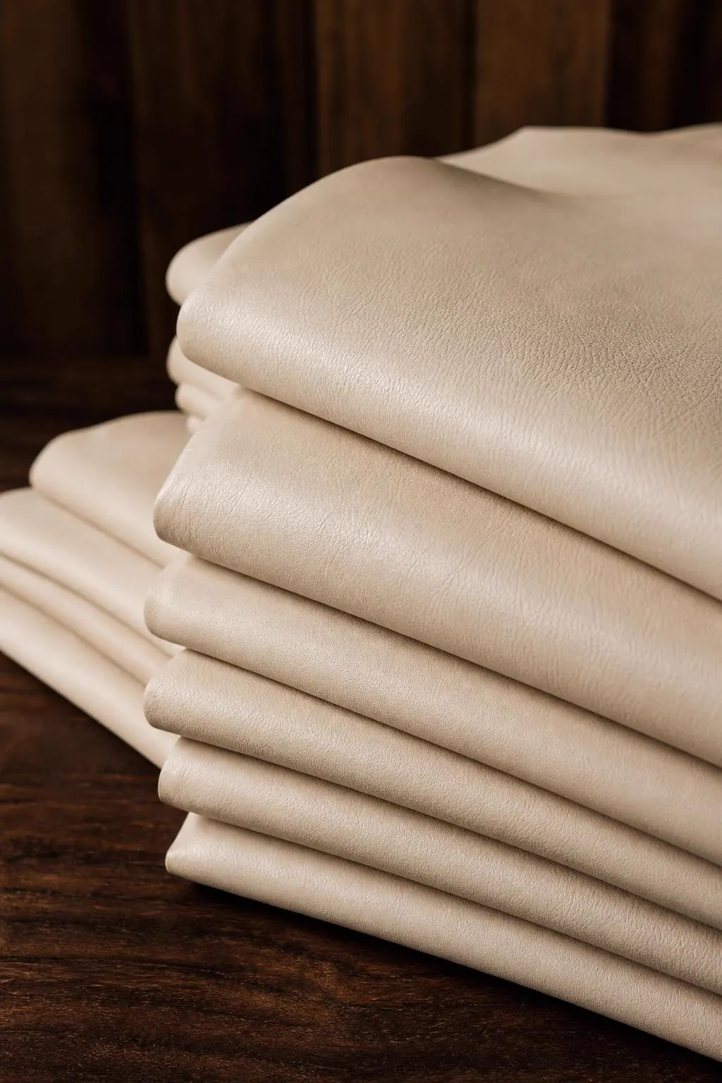 Stacked rolls of premium Italian leather hides in the tannery